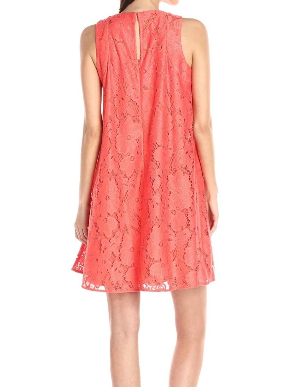 Donna Morgan Size 6 Coral Pink Sleeveless Tent Lace Overlay Trapeze Mini Dress - Picture 2 of 15
